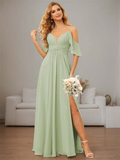 Spaghetti Strap Chiffon Bridesmaid Dress with Ruffles and a High-Low Hem