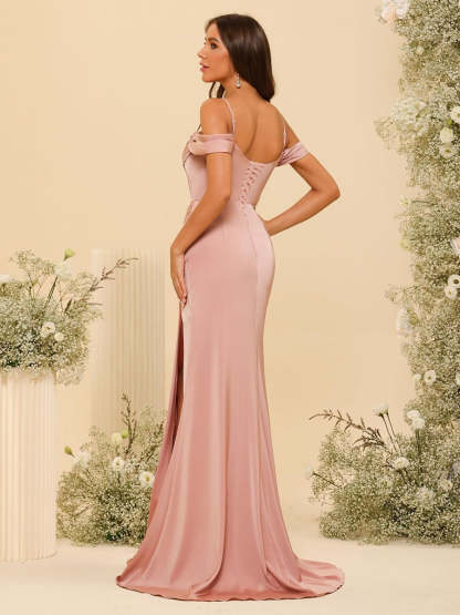 Satin Off-the-Shoulder Floor-Length Bridesmaid Dresses in Mermaid/Trumpet Style