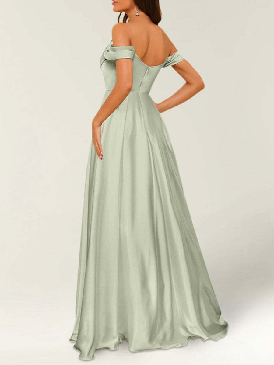 Off-the-shoulder Sleeveless Floor-Length Bridesmaid Dresses in Princess Satin with an A-Line Cut