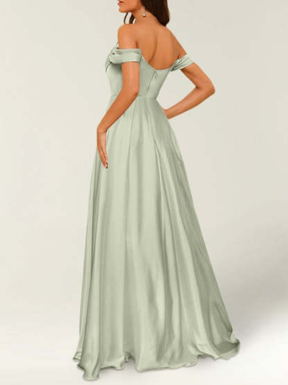 Off-the-shoulder Sleeveless Floor-Length Bridesmaid Dresses in Princess Satin with an A-Line Cut