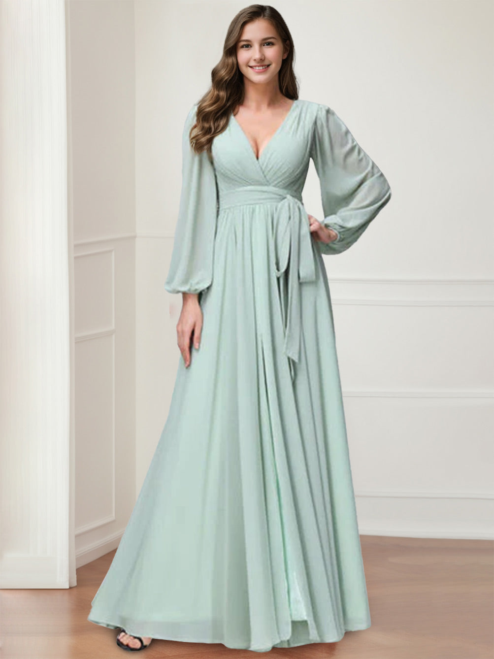 Chiffon Bridesmaid Dress with V-Neck, Long Sleeves, and Side Split