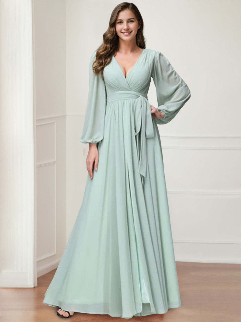 Chiffon Bridesmaid Dress with V-Neck, Long Sleeves, and Side Split