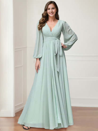 Chiffon Bridesmaid Dress with V-Neck, Long Sleeves, and Side Split