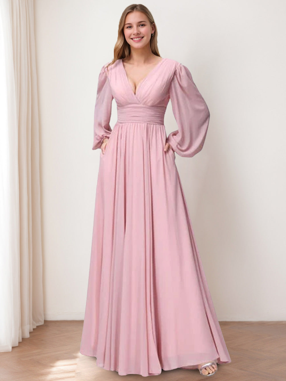 V-Neck A-Line Princess Floor-Length Bridesmaid Dresses With Side Split and Long Sleeves
