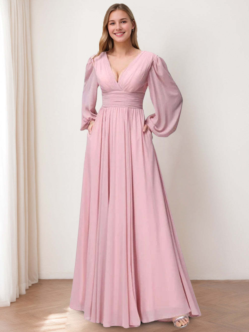 V-Neck A-Line Princess Floor-Length Bridesmaid Dresses With Side Split and Long Sleeves