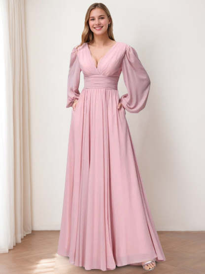 V-Neck A-Line Princess Floor-Length Bridesmaid Dresses With Side Split and Long Sleeves