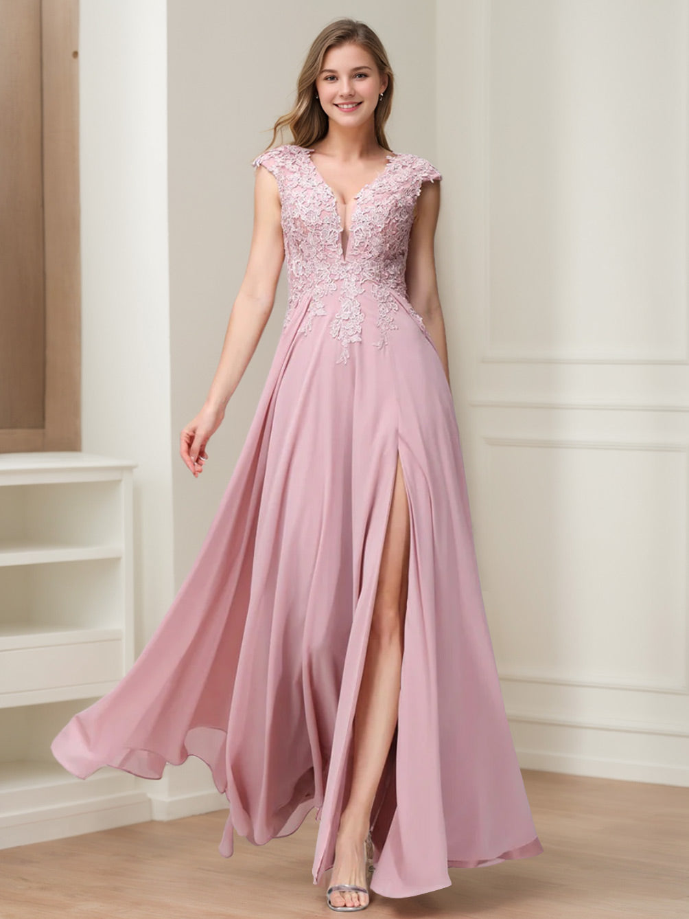 V-Neck Sleeveless A-Line Princess Chiffon Bridesmaid Dress with Applique and Side Split