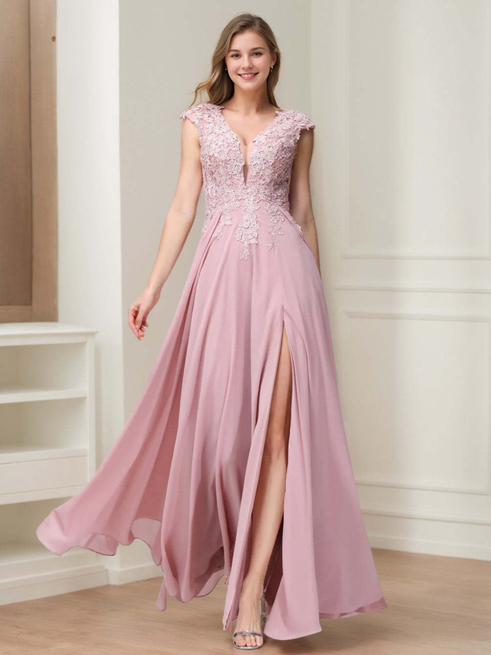 V-Neck Sleeveless A-Line Princess Chiffon Bridesmaid Dress with Applique and Side Split