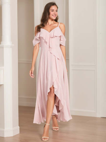 Princess A-Line Spaghetti Straps V-Neck Short Sleeve Asymmetrical Ruffled Bridesmaid Dress