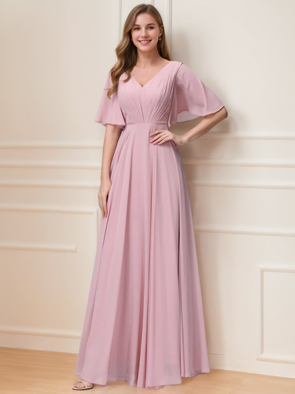 Princess A-Line Floor-Length V-Neck Bridesmaid Dresses With Half Sleeves, Ruffles & Pockets