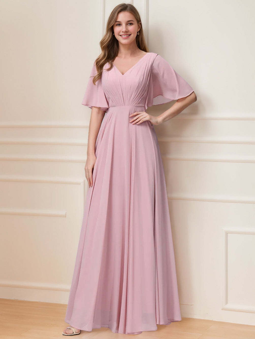 Princess A-Line Floor-Length V-Neck Bridesmaid Dresses With Half Sleeves, Ruffles & Pockets