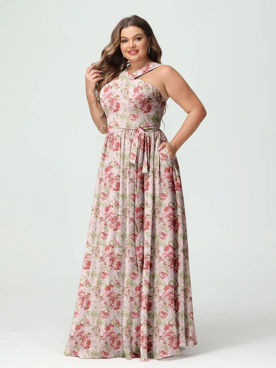 Plus Size Floor-Length Bridesmaid Dress with Criss Cross Neckline in A-Line/Princess Style