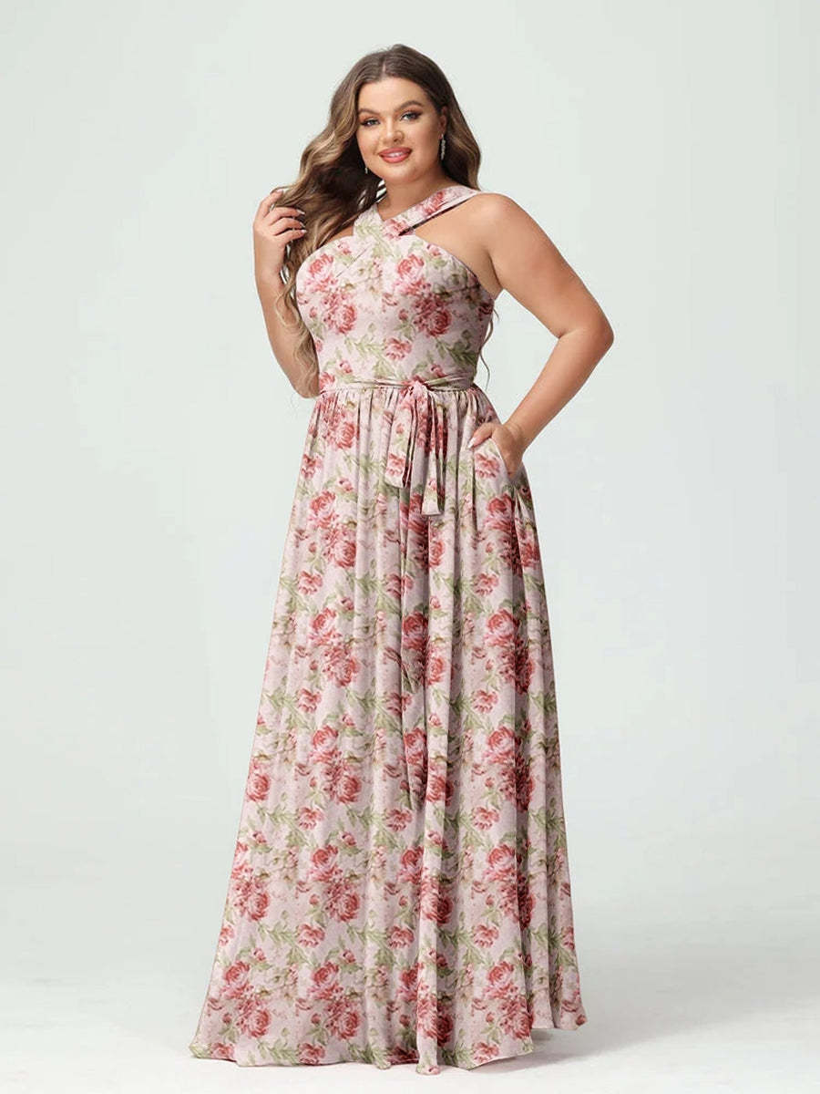 Plus Size Floor-Length Bridesmaid Dress with Criss Cross Neckline in A-Line/Princess Style
