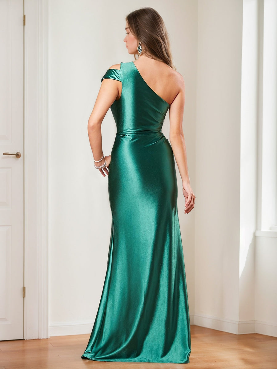 One-Shoulder Sleeveless Floor-Length Ruched Bridesmaid Dress in Trumpet/Mermaid Style