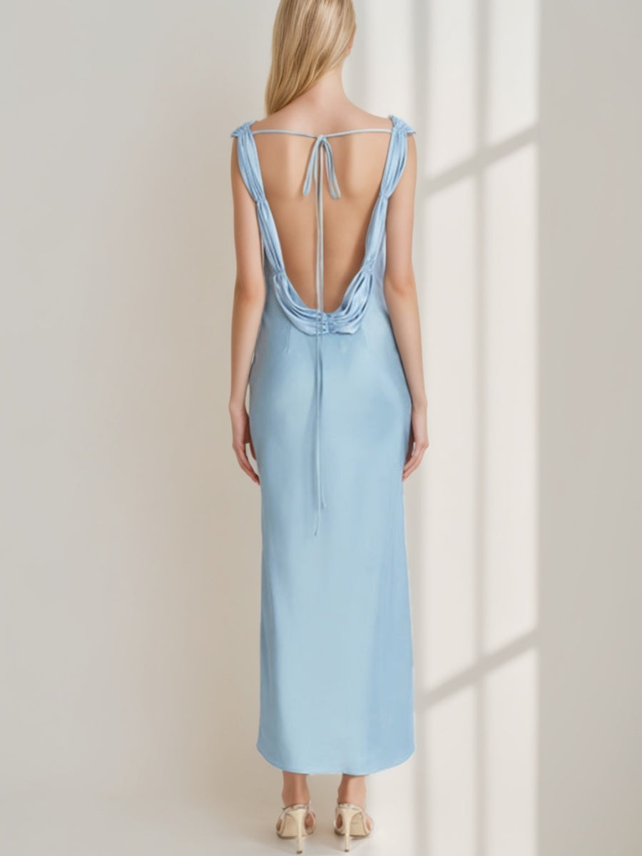 Vintage Prom Dresses with Ruched Ankle-Length Sheath/Column Scoop Lace-Up & Opened Back