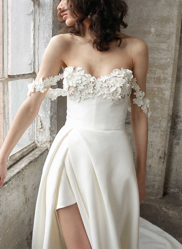 Pleated A-Line/Princess Wedding Dresses with Off-The-Shoulder Neckline, Appliques, Buttons & Side Slit-BMbridal.UK