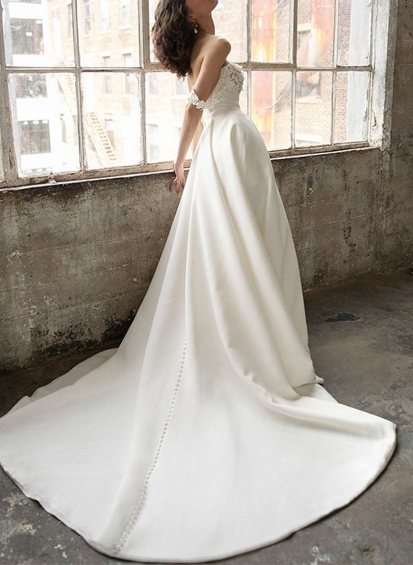 Pleated A-Line/Princess Wedding Dresses with Off-The-Shoulder Neckline, Appliques, Buttons & Side Slit-BMbridal.UK