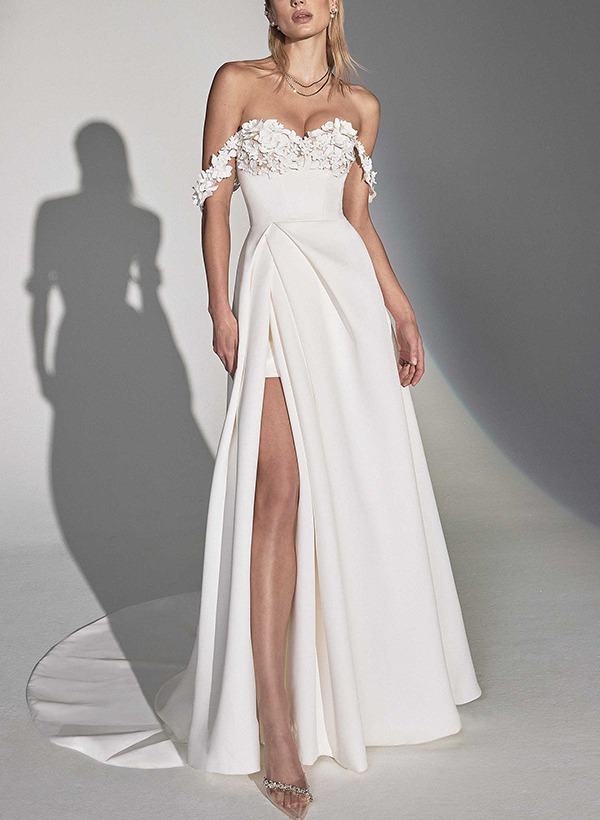 Pleated A-Line/Princess Wedding Dresses with Off-The-Shoulder Neckline, Appliques, Buttons & Side Slit-BMbridal.UK