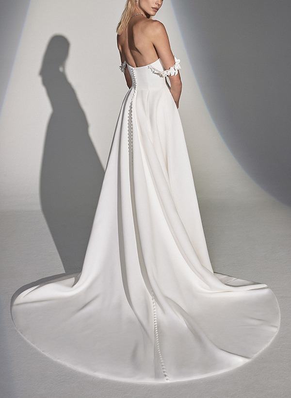 Pleated A-Line/Princess Wedding Dresses with Off-The-Shoulder Neckline, Appliques, Buttons & Side Slit-BMbridal.UK