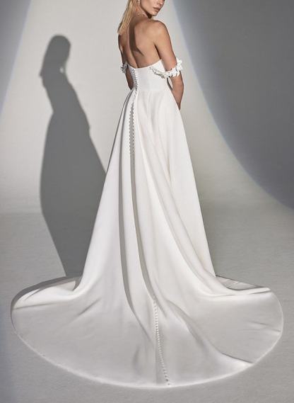 Pleated A-Line/Princess Wedding Dresses with Off-The-Shoulder Neckline, Appliques, Buttons & Side Slit-BMbridal.UK