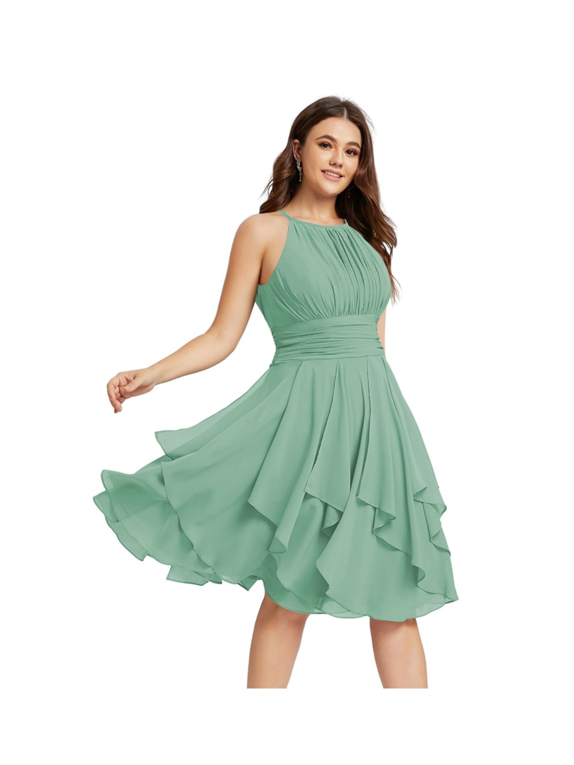 Princess A-Line Halter Mini Bridesmaid Dresses with Chiffon Ruffle and Pleated Pockets
