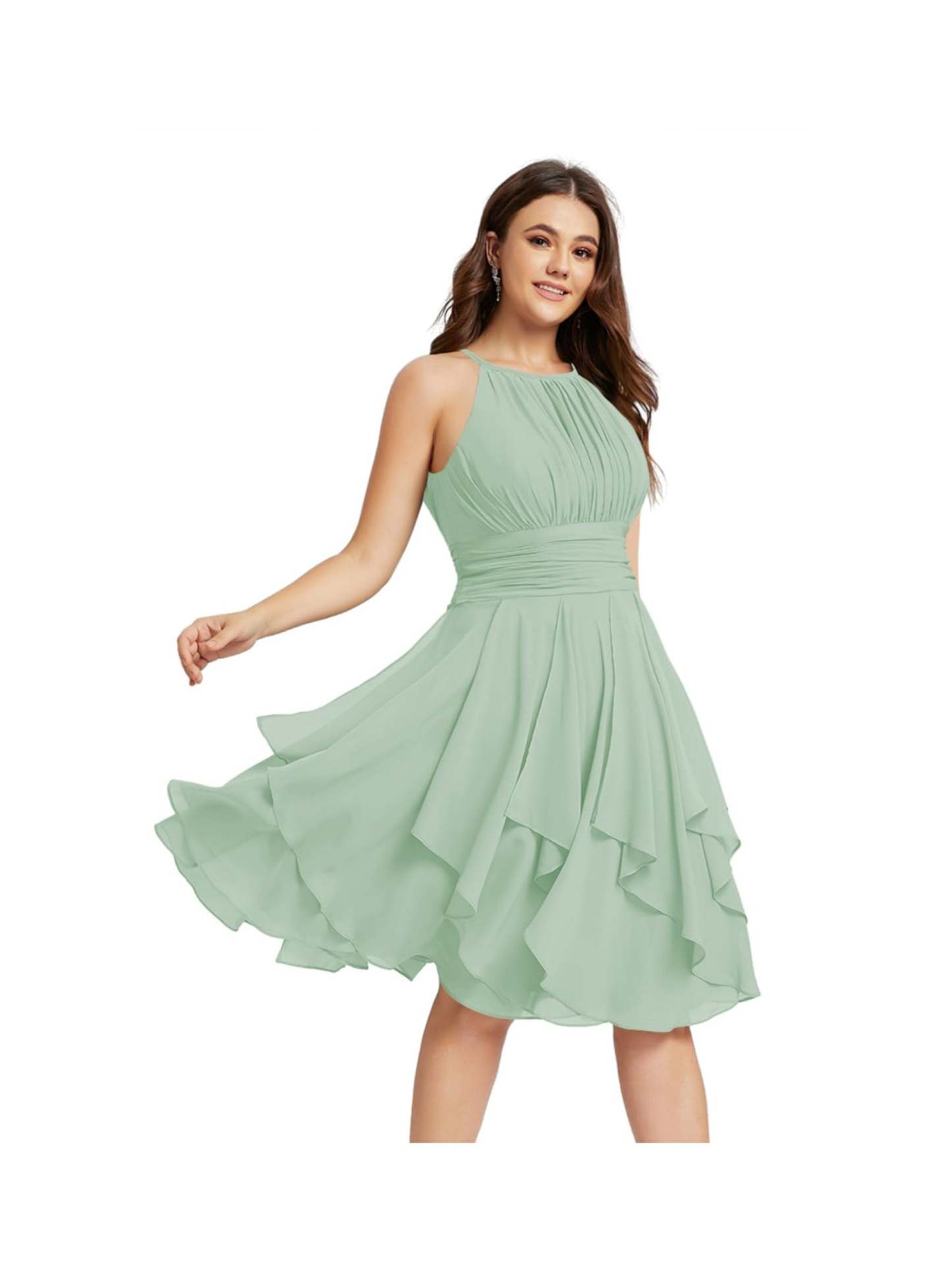 Princess A-Line Halter Mini Bridesmaid Dresses with Chiffon Ruffle and Pleated Pockets