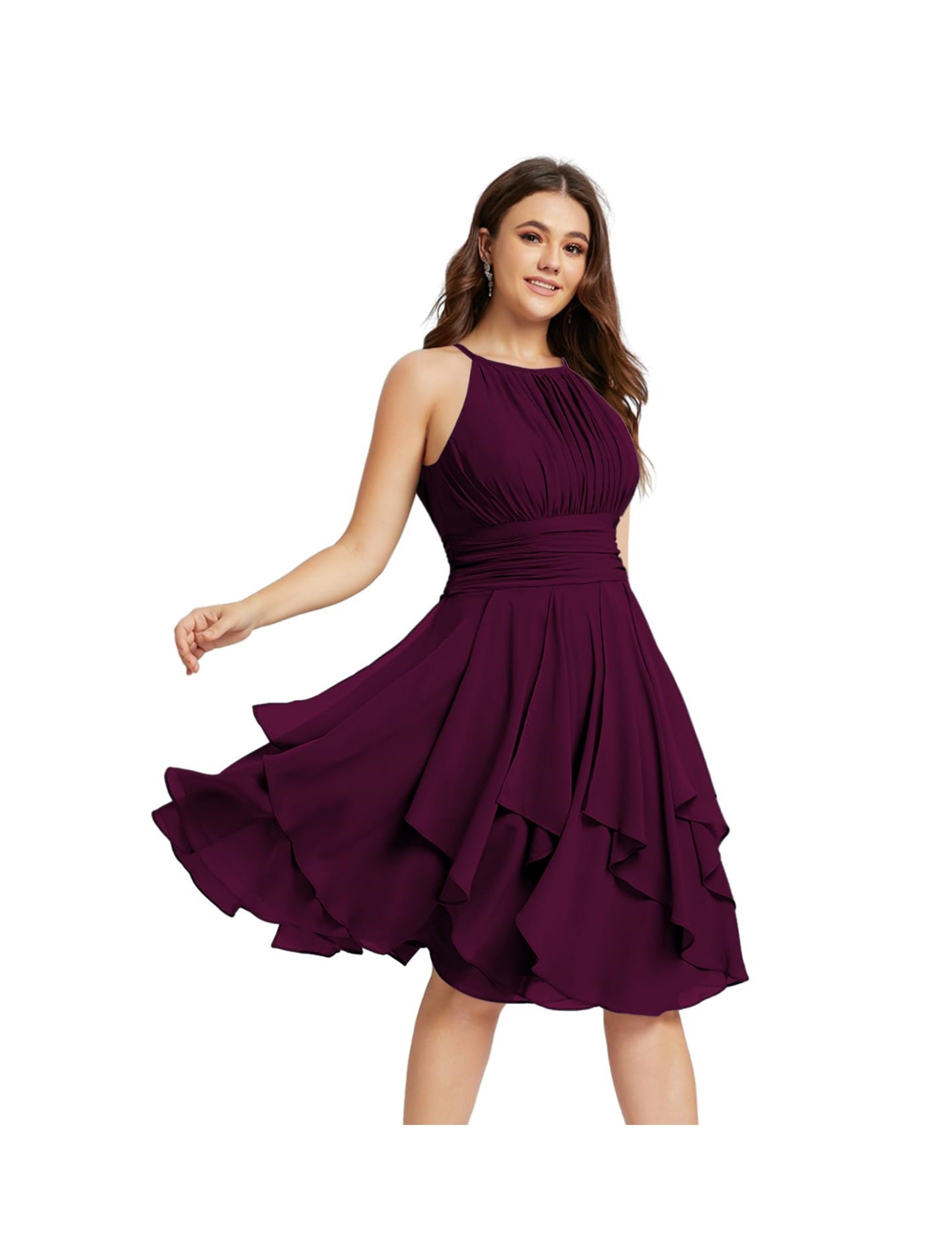Princess A-Line Halter Mini Bridesmaid Dresses with Chiffon Ruffle and Pleated Pockets