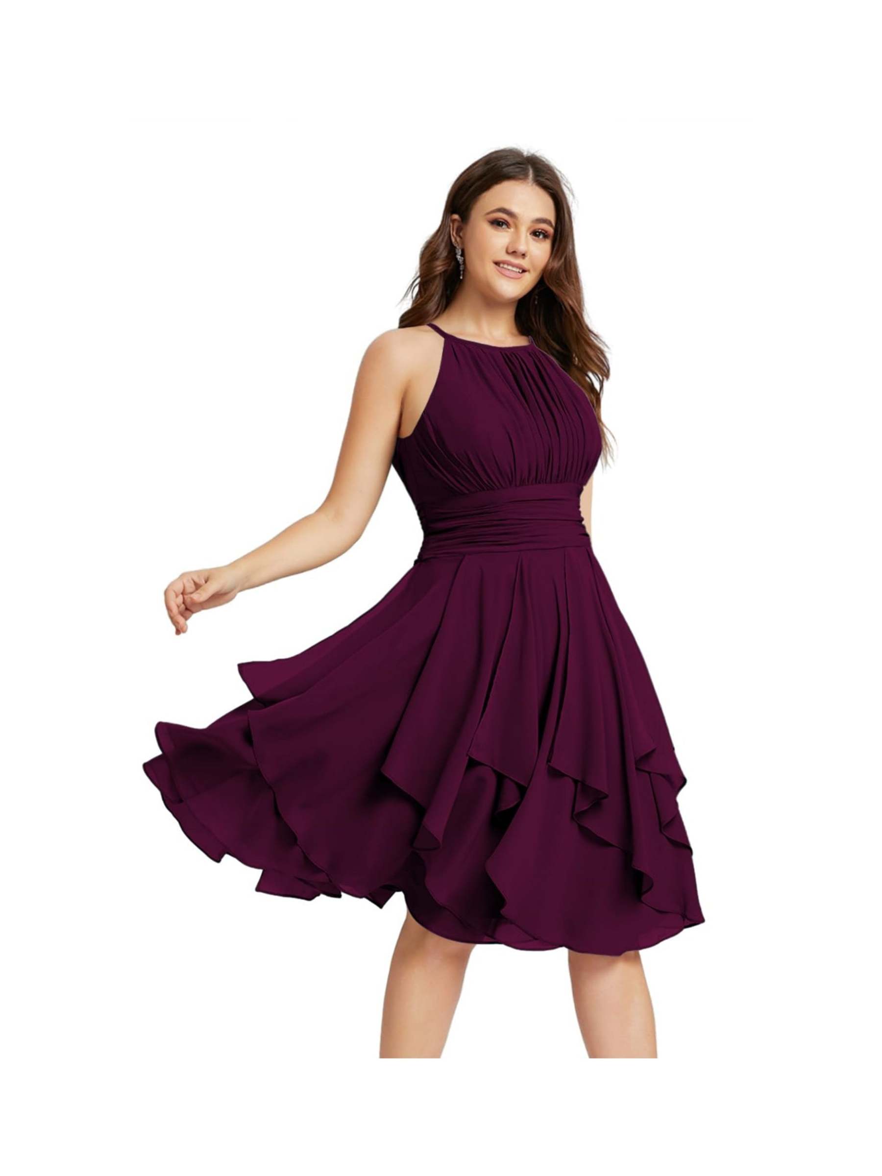 Princess A-Line Halter Mini Bridesmaid Dresses with Chiffon Ruffle and Pleated Pockets