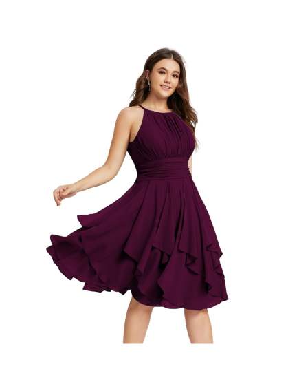 Princess A-Line Halter Mini Bridesmaid Dresses with Chiffon Ruffle and Pleated Pockets