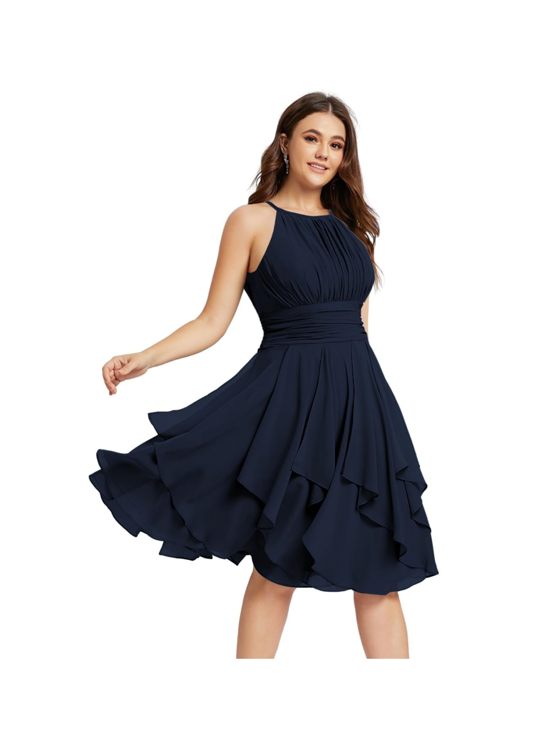 Princess A-Line Halter Mini Bridesmaid Dresses with Chiffon Ruffle and Pleated Pockets