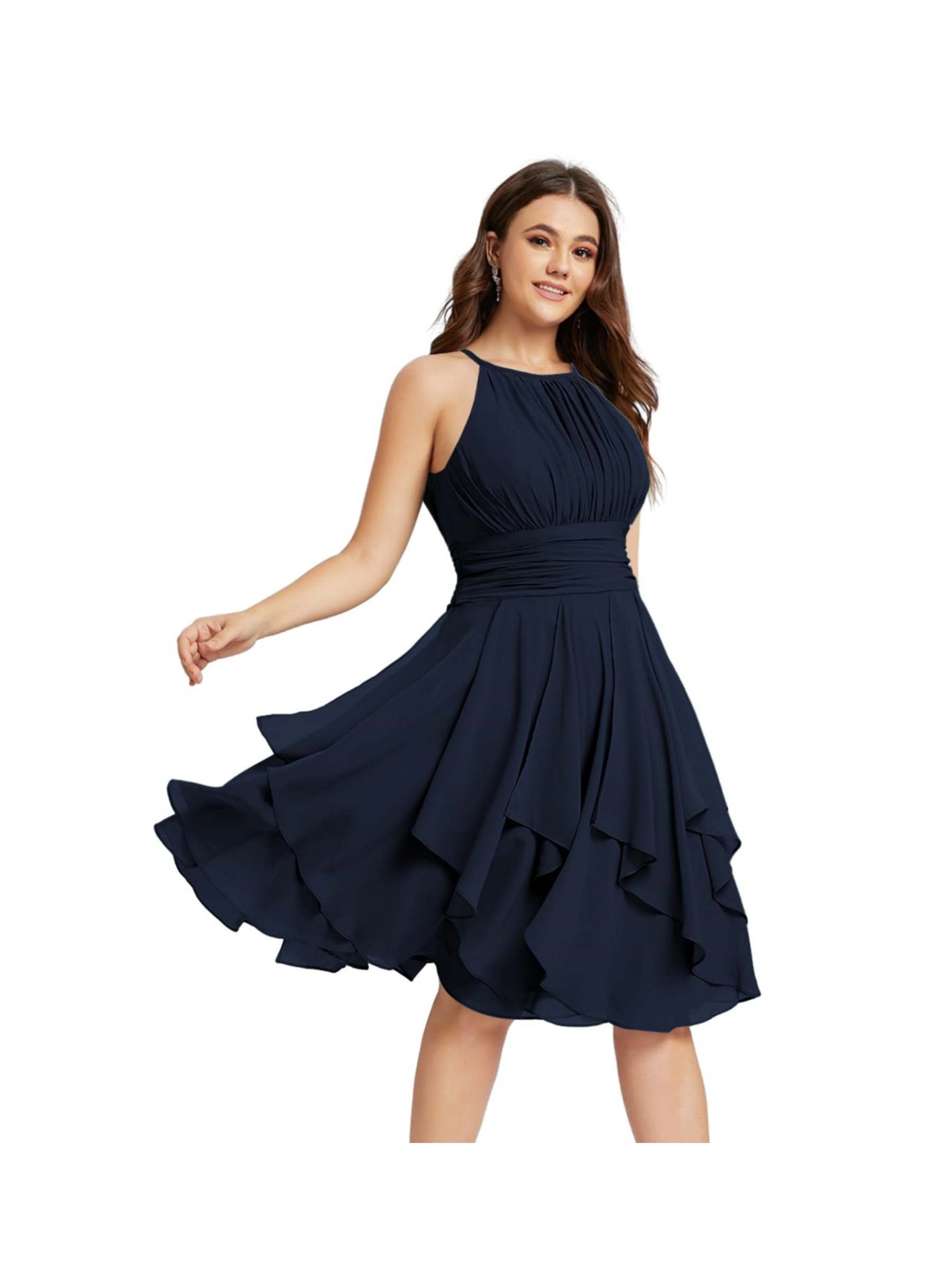 Princess A-Line Halter Mini Bridesmaid Dresses with Chiffon Ruffle and Pleated Pockets