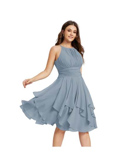 Princess A-Line Halter Mini Bridesmaid Dresses with Chiffon Ruffle and Pleated Pockets