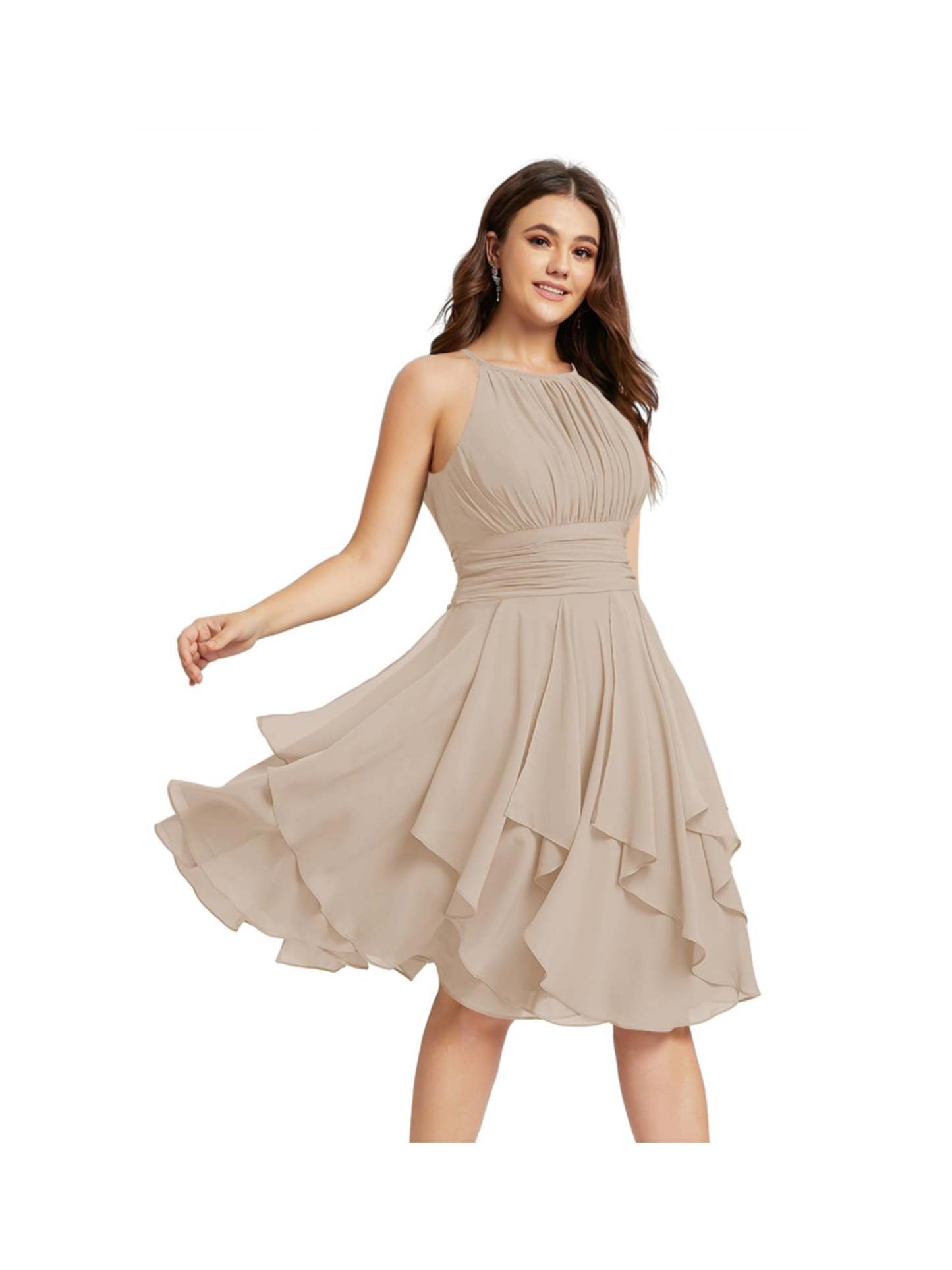 Princess A-Line Halter Mini Bridesmaid Dresses with Chiffon Ruffle and Pleated Pockets