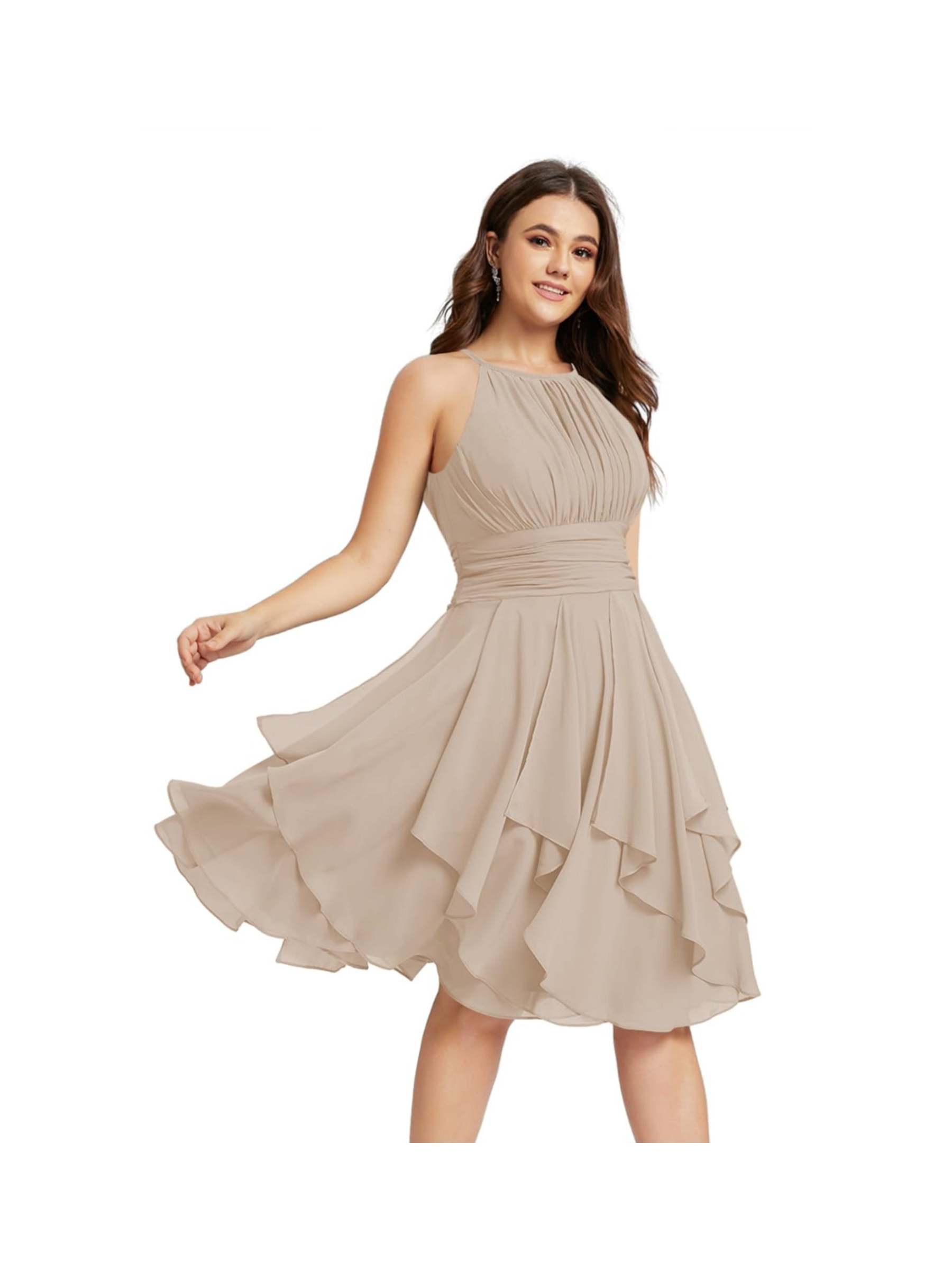 Princess A-Line Halter Mini Bridesmaid Dresses with Chiffon Ruffle and Pleated Pockets