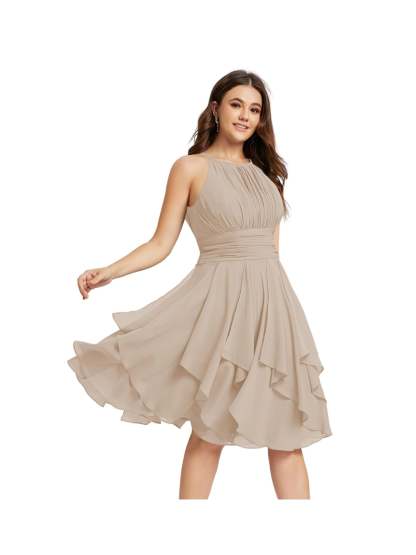 Princess A-Line Halter Mini Bridesmaid Dresses with Chiffon Ruffle and Pleated Pockets