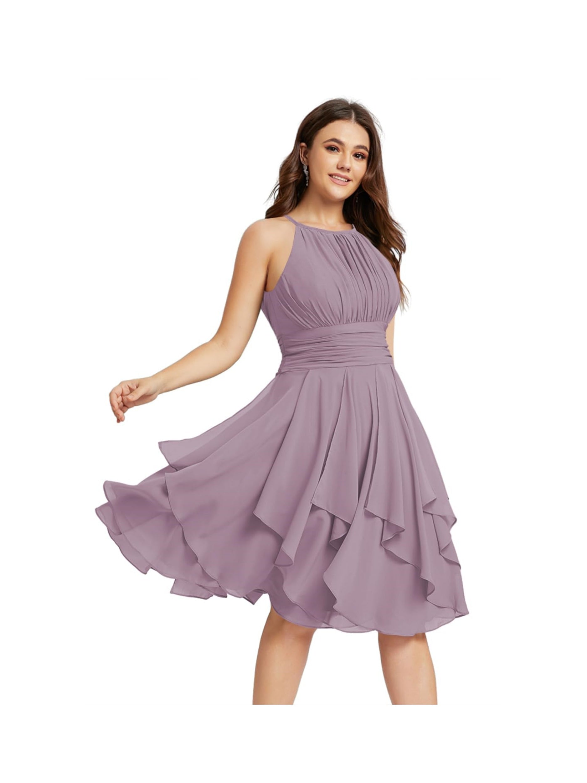 Princess A-Line Halter Mini Bridesmaid Dresses with Chiffon Ruffle and Pleated Pockets