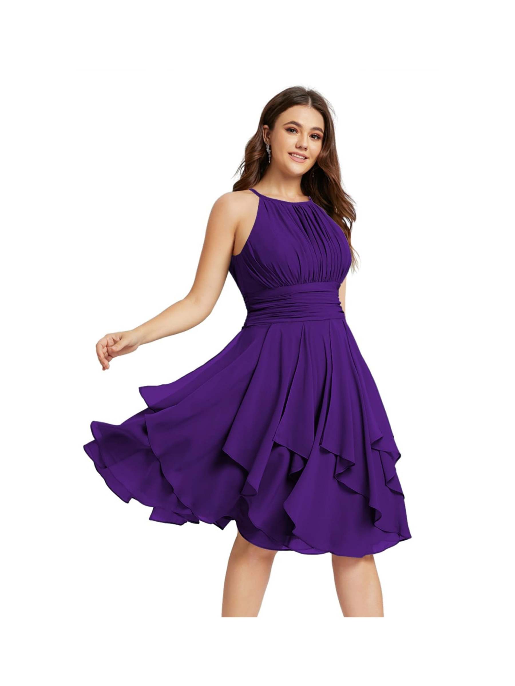 Princess A-Line Halter Mini Bridesmaid Dresses with Chiffon Ruffle and Pleated Pockets