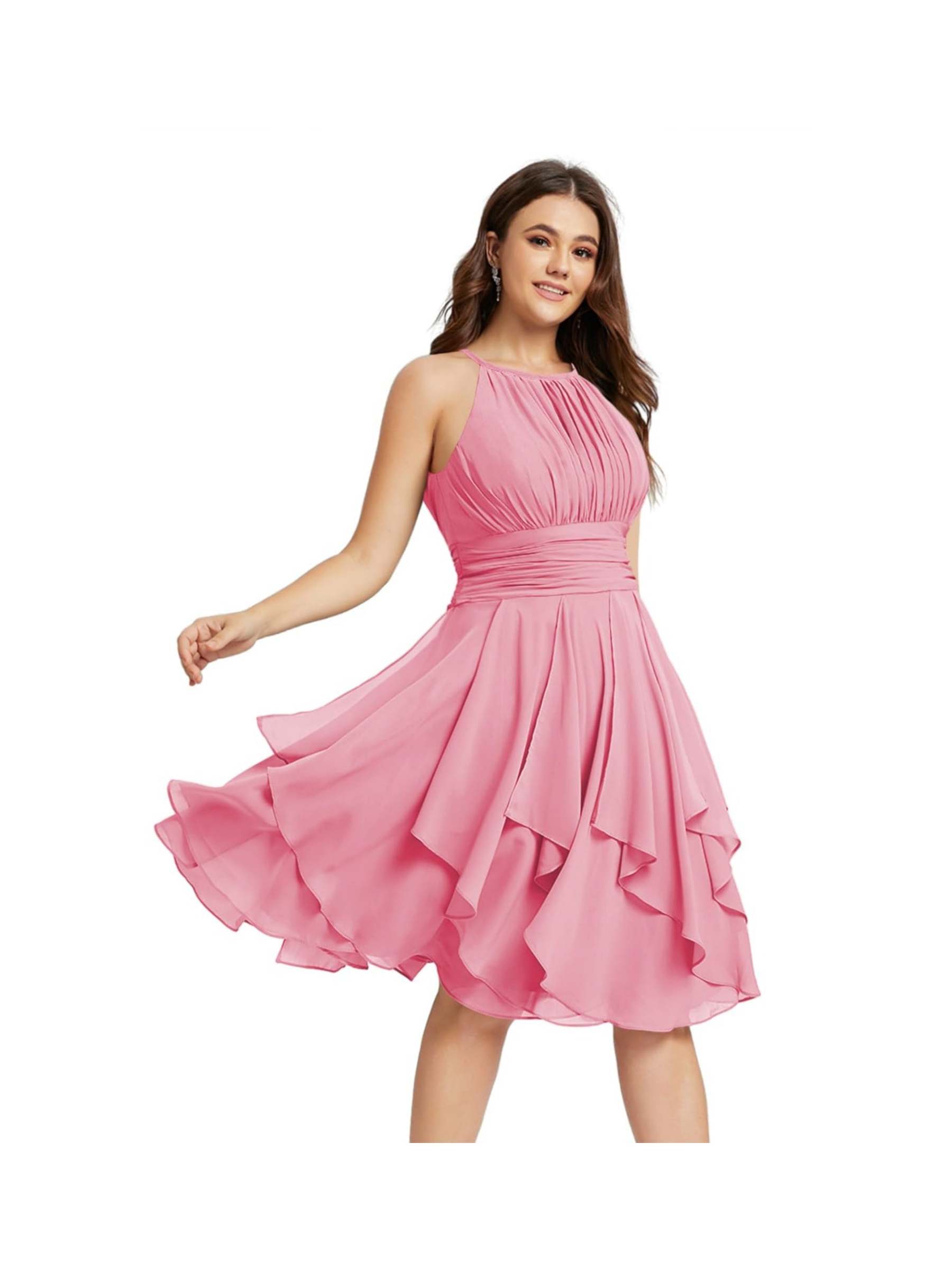 Princess A-Line Halter Mini Bridesmaid Dresses with Chiffon Ruffle and Pleated Pockets