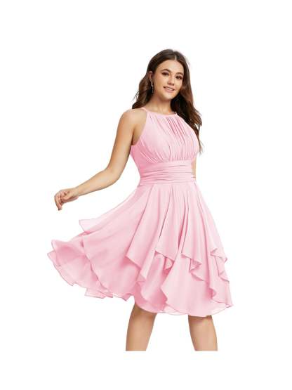 Princess A-Line Halter Mini Bridesmaid Dresses with Chiffon Ruffle and Pleated Pockets