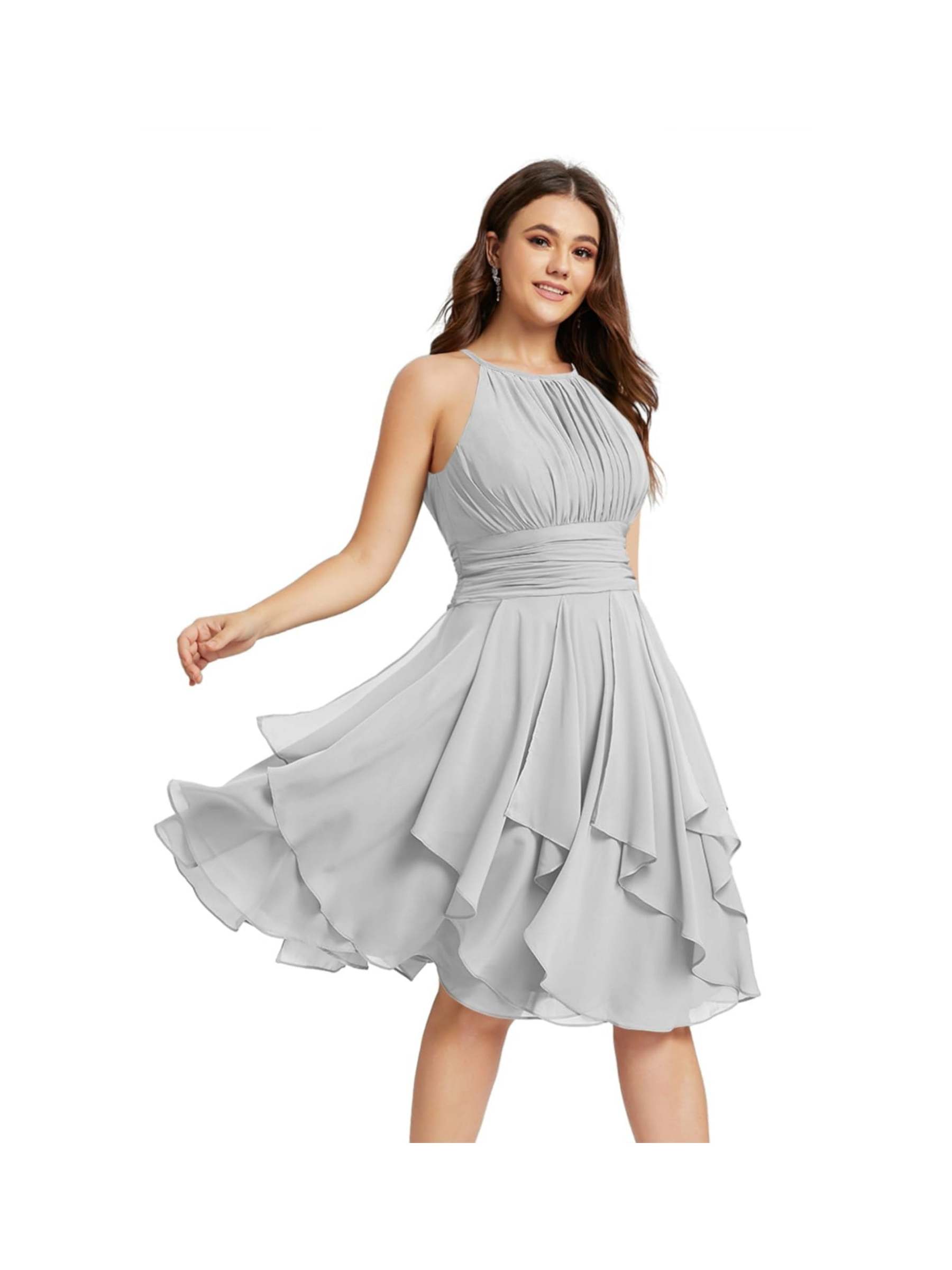 Princess A-Line Halter Mini Bridesmaid Dresses with Chiffon Ruffle and Pleated Pockets