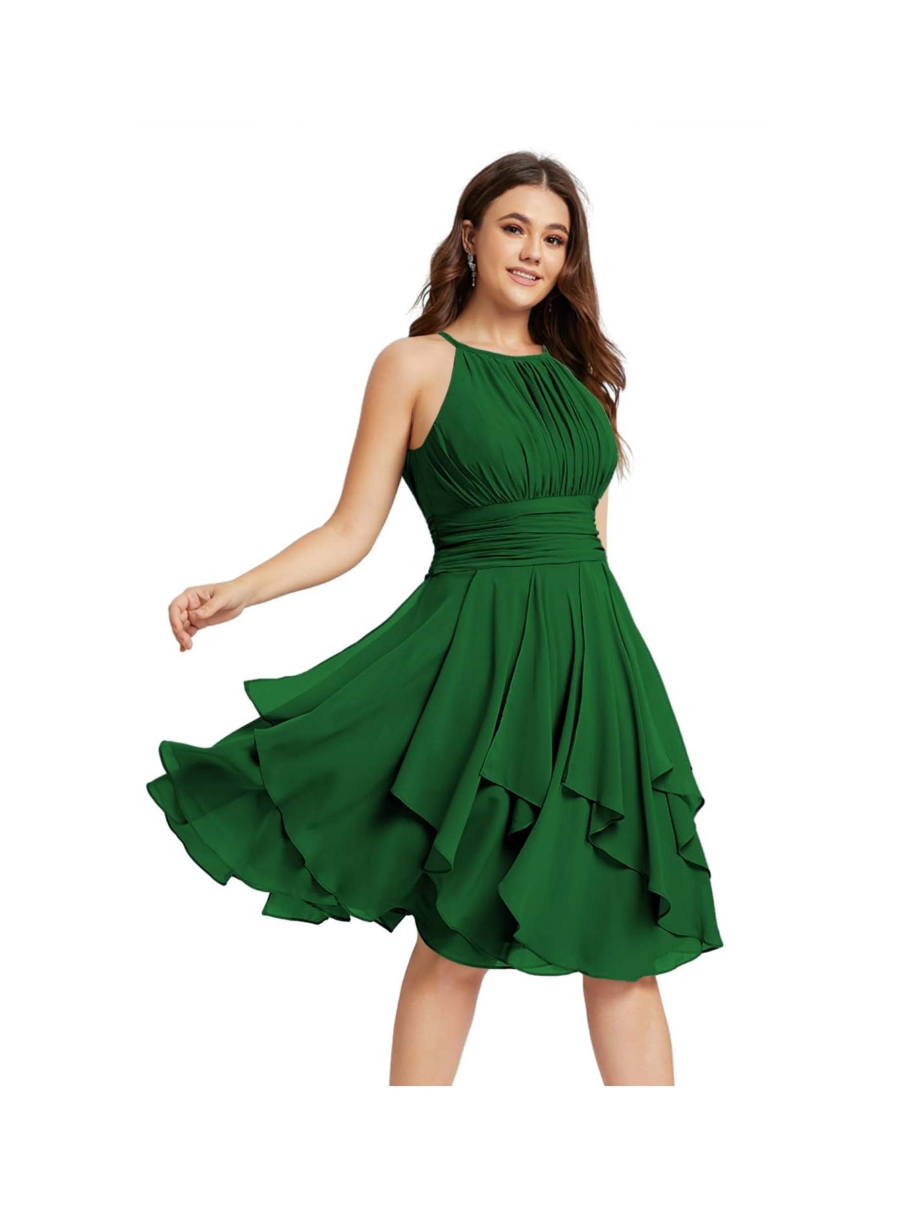 Princess A-Line Halter Mini Bridesmaid Dresses with Chiffon Ruffle and Pleated Pockets