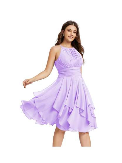 Princess A-Line Halter Mini Bridesmaid Dresses with Chiffon Ruffle and Pleated Pockets