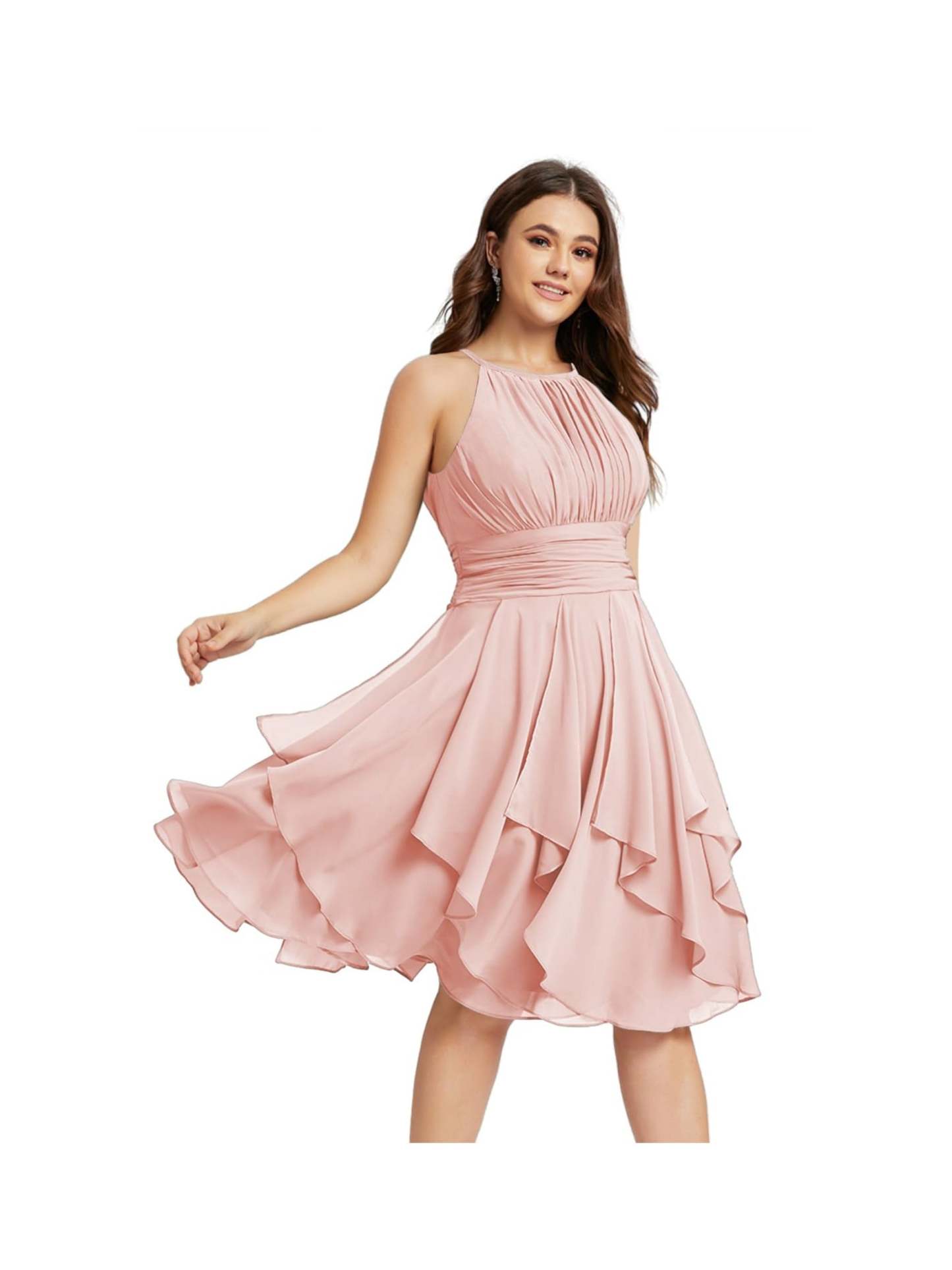 Princess A-Line Halter Mini Bridesmaid Dresses with Chiffon Ruffle and Pleated Pockets