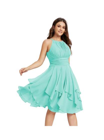 Princess A-Line Halter Mini Bridesmaid Dresses with Chiffon Ruffle and Pleated Pockets