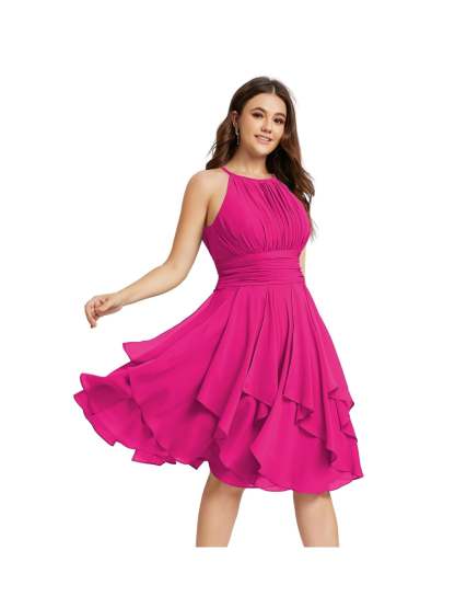 Princess A-Line Halter Mini Bridesmaid Dresses with Chiffon Ruffle and Pleated Pockets