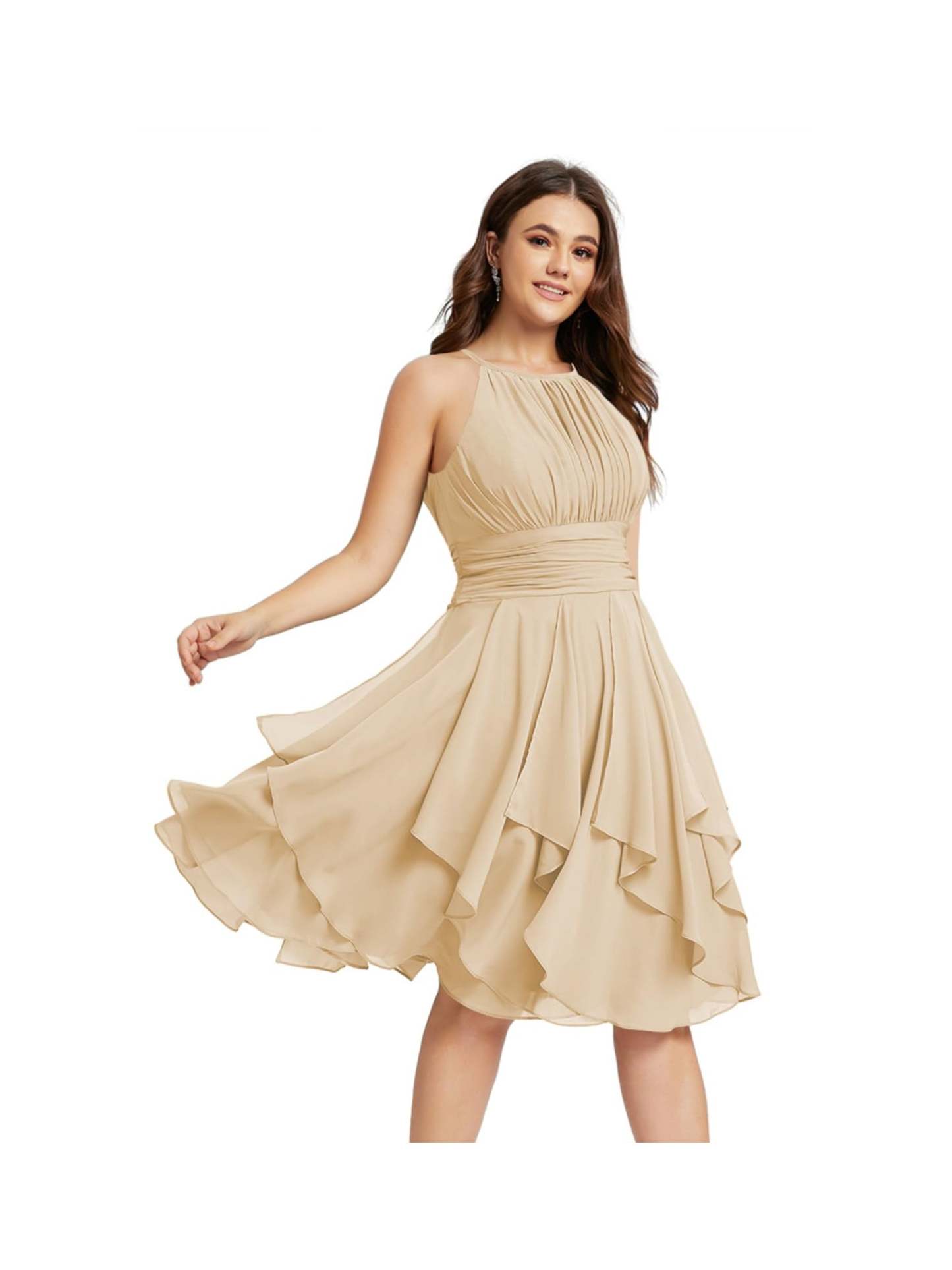 Princess A-Line Halter Mini Bridesmaid Dresses with Chiffon Ruffle and Pleated Pockets