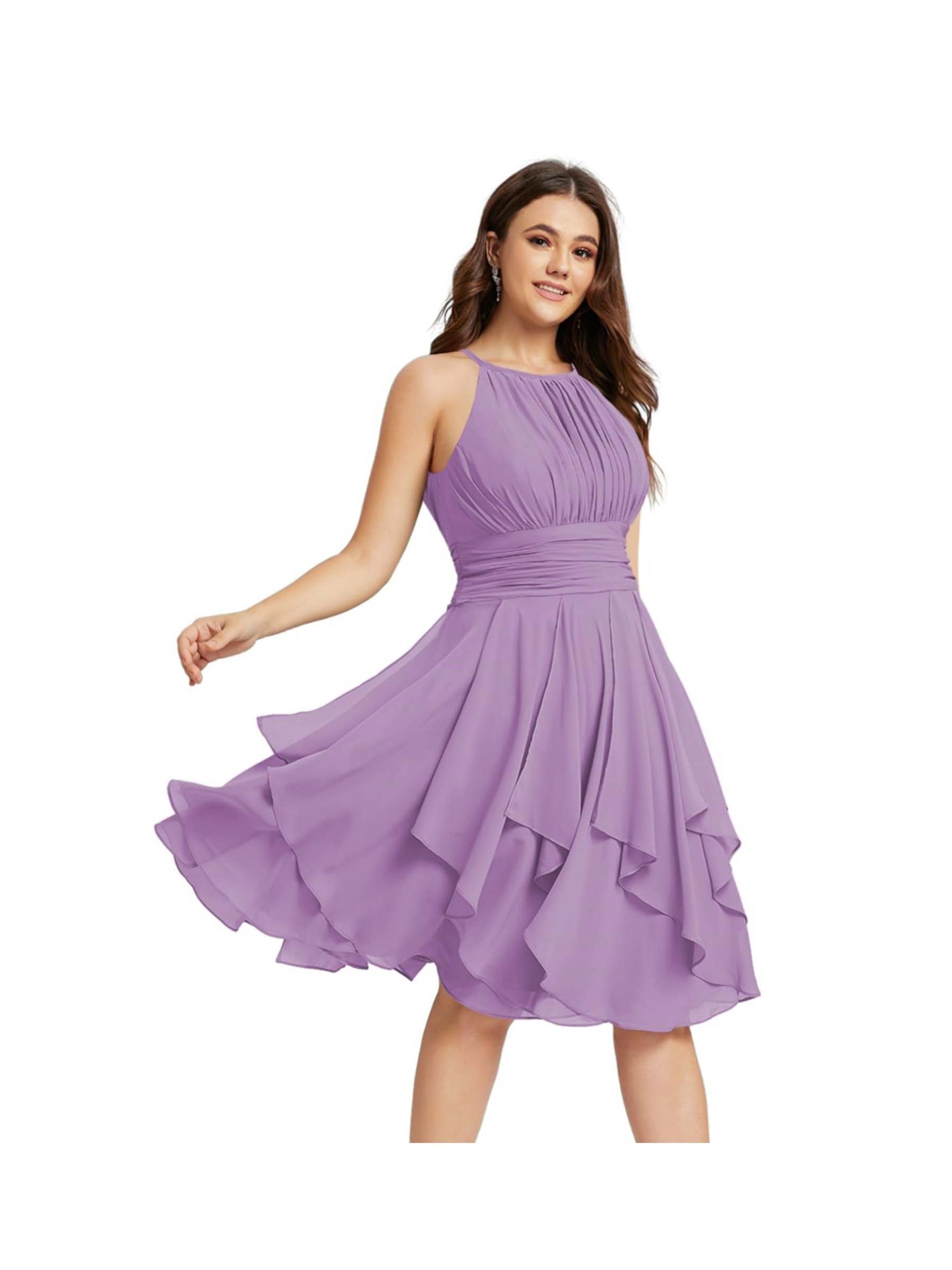 Princess A-Line Halter Mini Bridesmaid Dresses with Chiffon Ruffle and Pleated Pockets