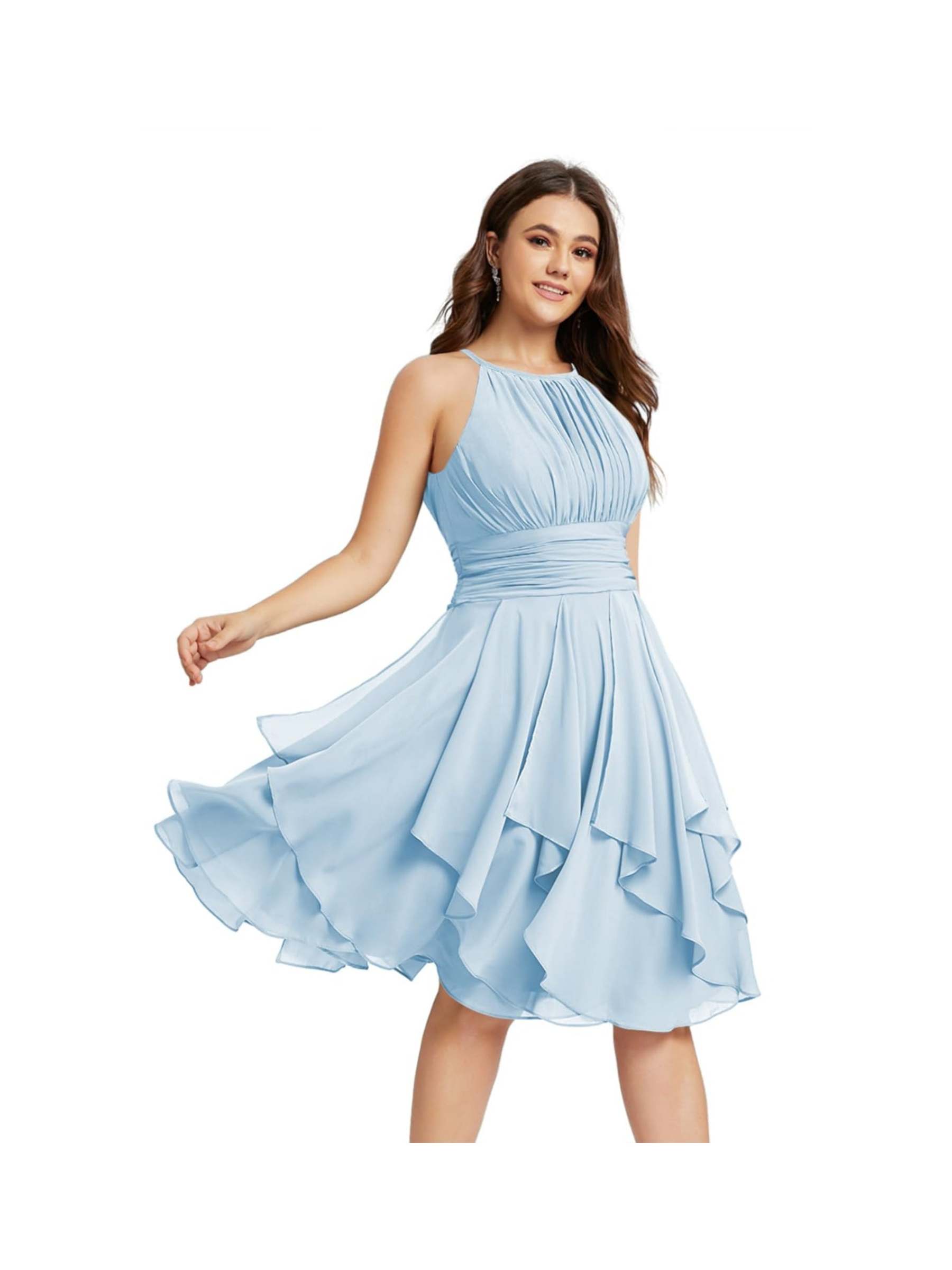 Princess A-Line Halter Mini Bridesmaid Dresses with Chiffon Ruffle and Pleated Pockets