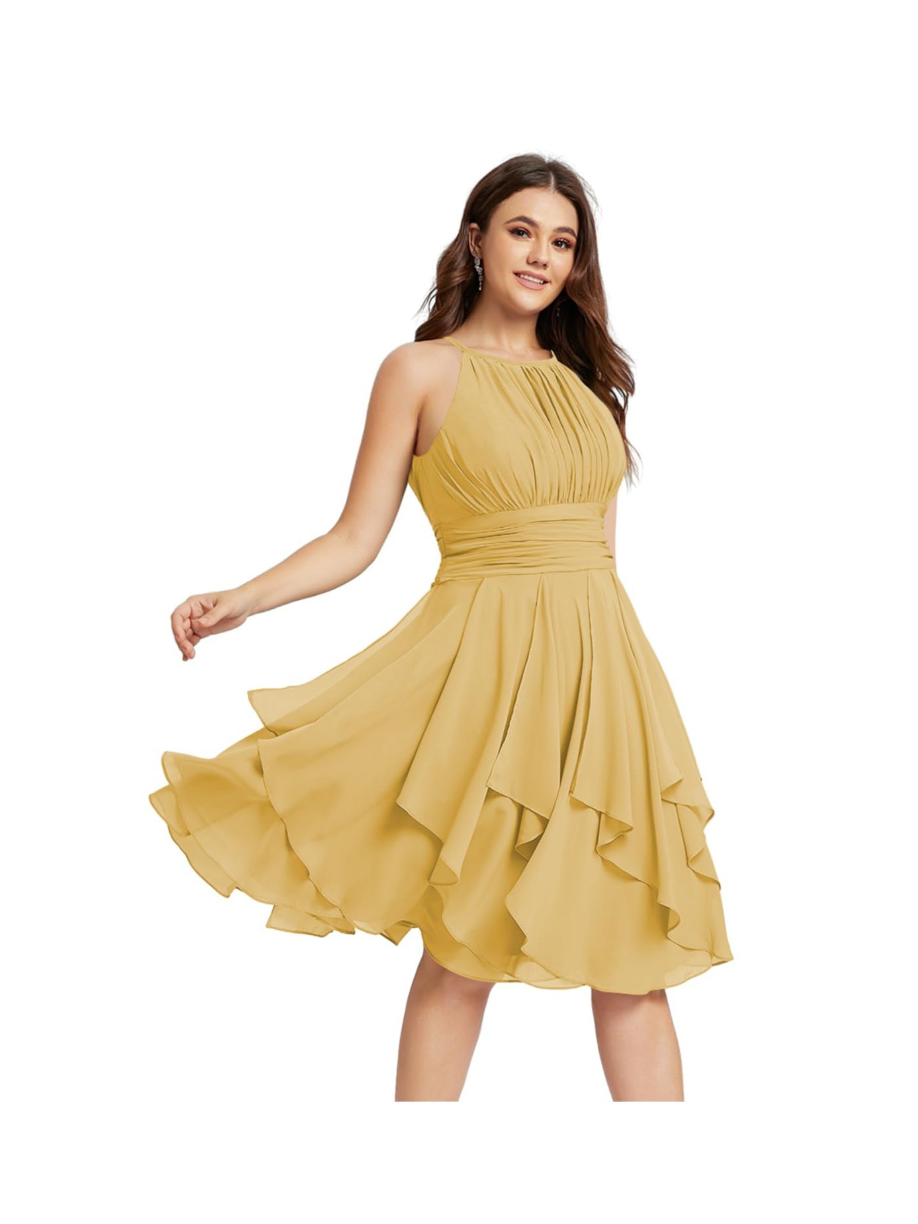 Princess A-Line Halter Mini Bridesmaid Dresses with Chiffon Ruffle and Pleated Pockets