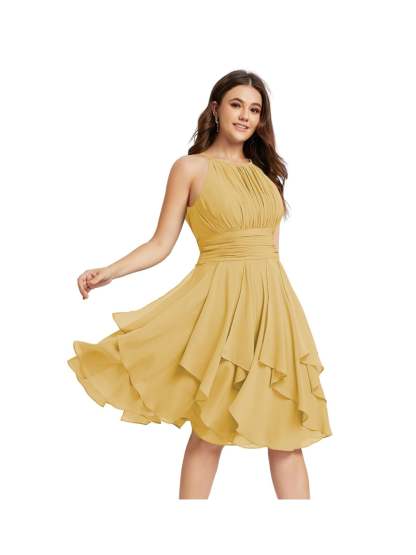 Princess A-Line Halter Mini Bridesmaid Dresses with Chiffon Ruffle and Pleated Pockets